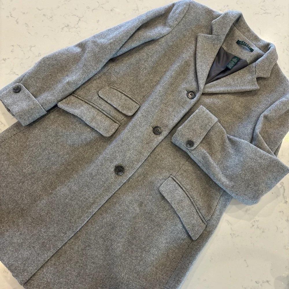 Lauren Ralph Lauren Wool Blend 3-Button Coat Gray Chevron-like Pattern Womens 12 - Picture 2 of 12